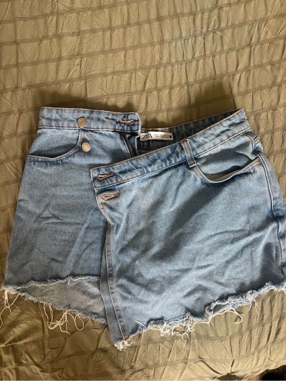 ZARA Light Blue Denim Wrap-Style Shorts with Frayed Hem
